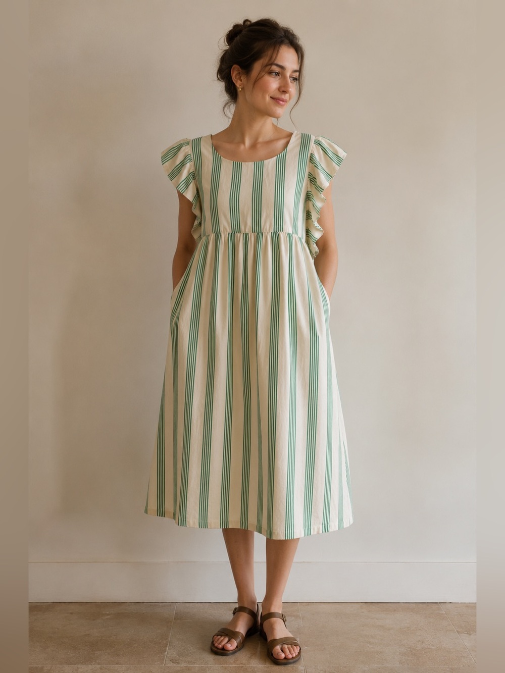 The Tiny Big Sister Green Stripe Cotton Swing Dress - Women's